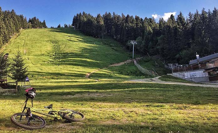 Колело лежи в края на спуска, покрит с трева
