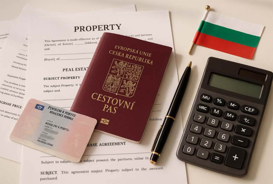 Чешский паспорт и ID с болгарскими документами по недвижимости, калькулятор и ручка для планирования покупки жилья