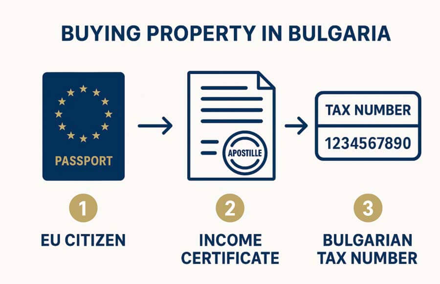 Инфографика покупки недвижимости с иконками паспорта ЕС, справки о доходах и болгарского налогового номера