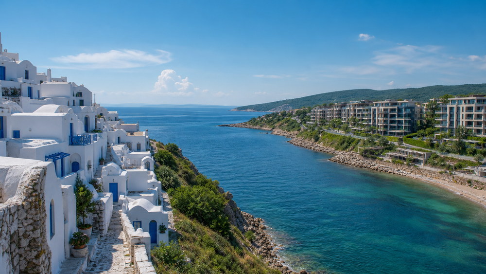 Крайбрежна архитектура в Гърция и България: различни сгради и курортни улици